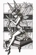 Tinkerbell dancing on a bookshelf filled with music sheets tattoo design idea