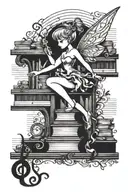 Tinkerbell dancing on a bookshelf filled with music sheets tattoo design idea