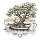 A serene garden with a tranquil meditation spot under a sprawling oak tree, incorporating elements of kayaks and canoes to represent the client's diverse interests tattoo design idea