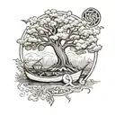 A serene garden with a tranquil meditation spot under a sprawling oak tree, incorporating elements of kayaks and canoes to represent the client's diverse interests tattoo design idea