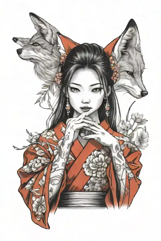Asian girl with fox ears wearing a red kimono holding out her hand, her fingernails are long and sharp and in her hand,  tattoo design idea