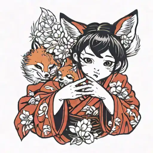 Asian girl with fox ears wearing a red kimono holding out her hand, her fingernails are long and sharp and in her hand,  tattoo design idea