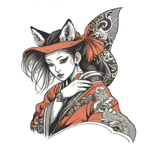 Asian girl with fox ears wearing a red kimono holding out her hand, her fingernails are long and sharp and in her hand,  tattoo design idea
