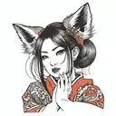 Asian girl with fox ears wearing a red kimono holding out her hand, her fingernails are long and sharp and in her hand,  tattoo design idea