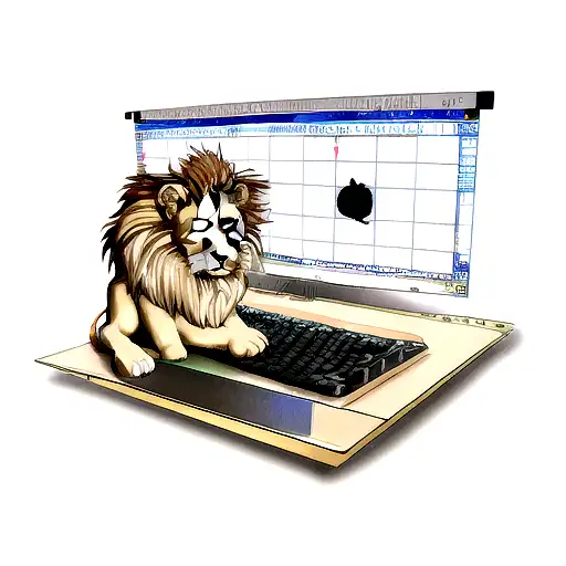 A realistic lion integrated with computer hardware and binary code tattoo design idea