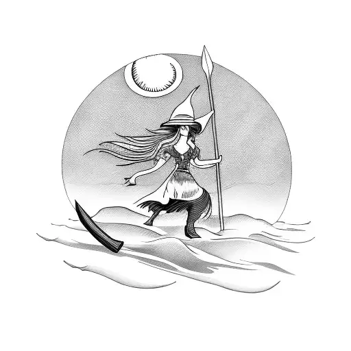 A blackwork tattoo of a witch riding a broomstick over a beach with palm trees tattoo design idea