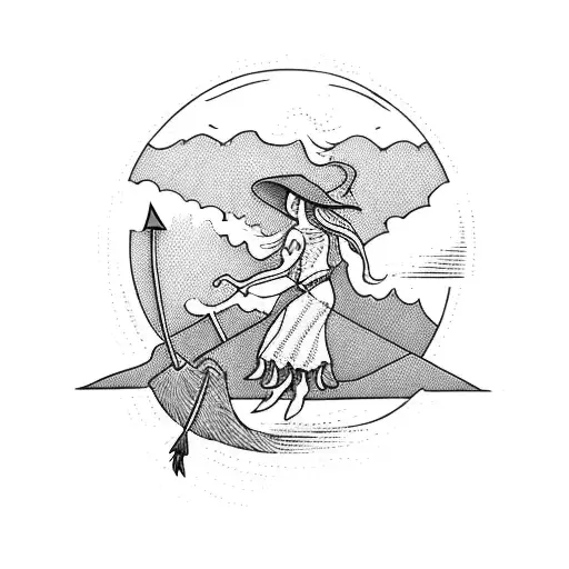 A blackwork tattoo of a witch riding a broomstick over a beach with palm trees tattoo design idea