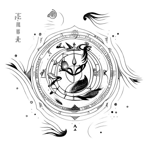 An artistic representation of the Aquarius zodiac sign, combined with elements of determination and success. tattoo design idea
