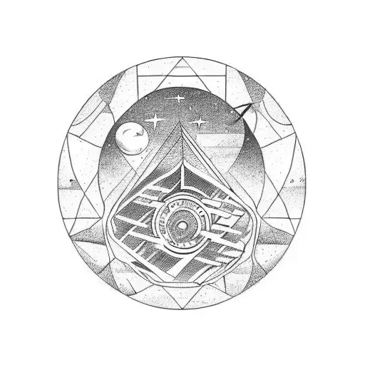 Sci-Fi landscape with atomic symbols tattoo design idea