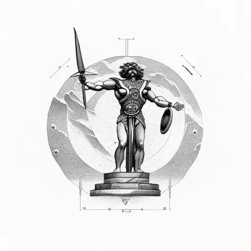Atlas from greek mythology standing between greek pillars and holding sky over his head tattoo design idea