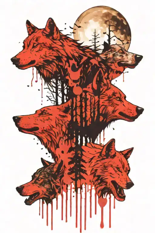 a forest, 2 wolves howling at the moon tattoo design idea