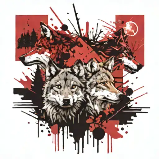 2 wolves in a forest  tattoo design idea