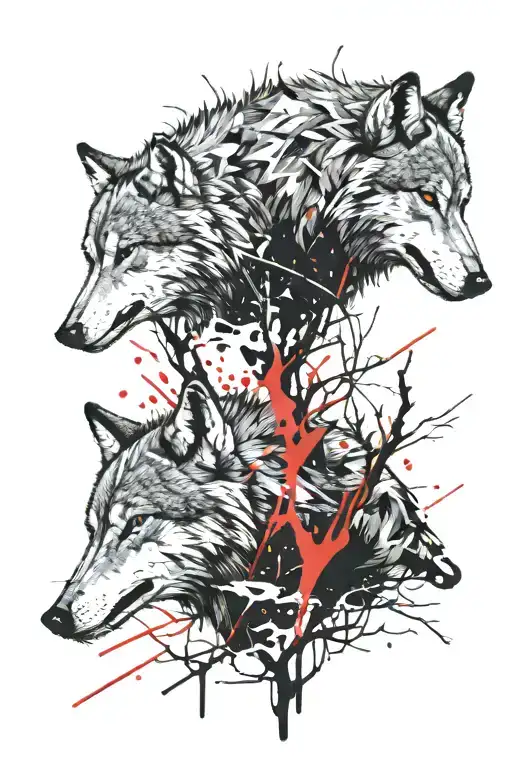 2 wolves in a forest  tattoo design idea