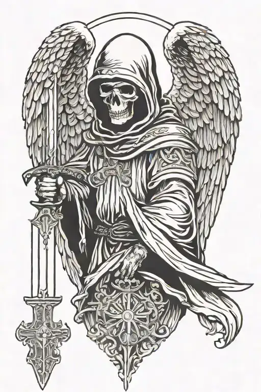 angel of death in a hood with a sword tattoo design idea