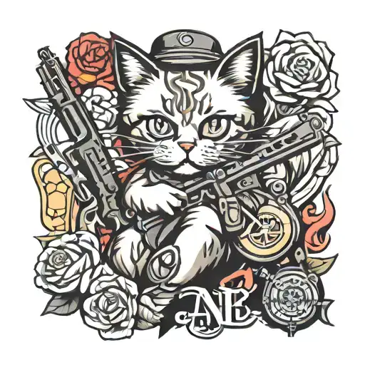 Create a tattoo design that combines elements of hip-hop culture, anti-war symbolism, love for cats, and guns.  tattoo design idea