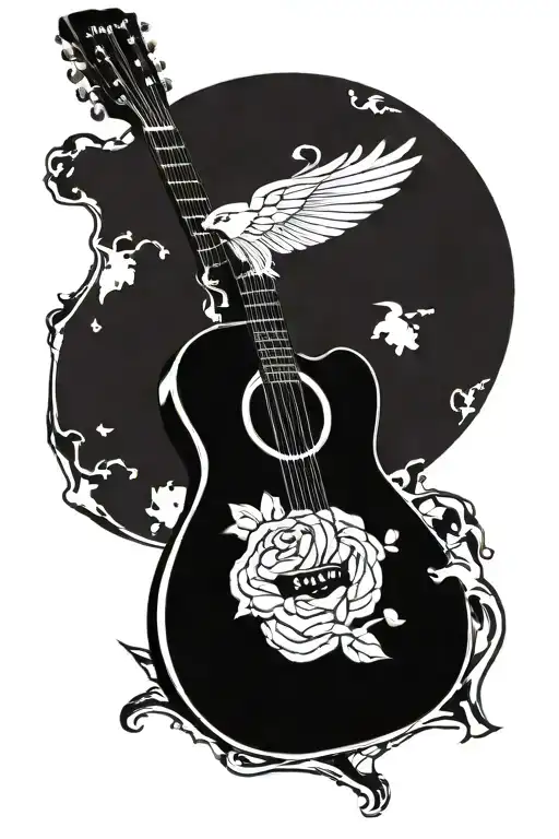 Incorporate an acoustic guitar and the pink Atlanta Braves A symbol in a David vs Goliath themed tattoo tattoo design idea