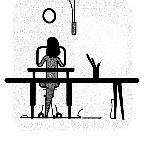 The image shows a person sitting at a desk in front of a mirror. In the mirror, the image of another person standing beh tattoo design idea