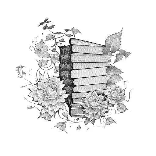 A stack of books with vines and flowers growing out of them tattoo design idea