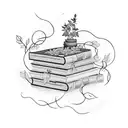 A stack of books with vines and flowers growing out of them tattoo design idea