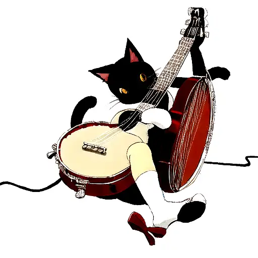 a cat playing banjo and have red shoes on tattoo design idea