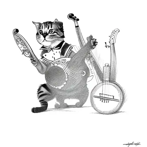 a cat playing banjo with red shoes on tattoo design idea