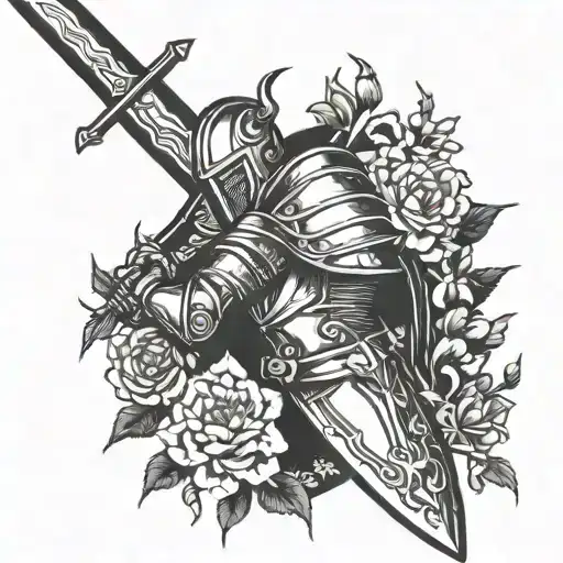 knight holding a sword intertwined with wolfsbane flowers tattoo design idea