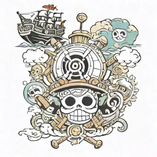 one piece tattoo witrh going merry, thousand sunny and X tattoo design idea