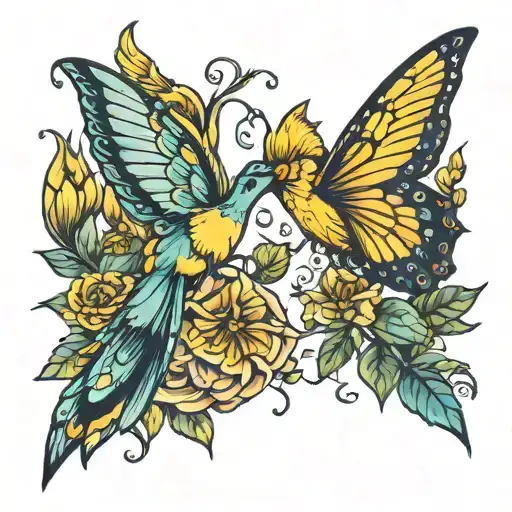 yellow butterfly and hummingbird    tattoo design idea