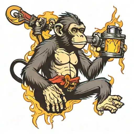monkey holding lighting bolt dumpster fire flames tattoo design idea