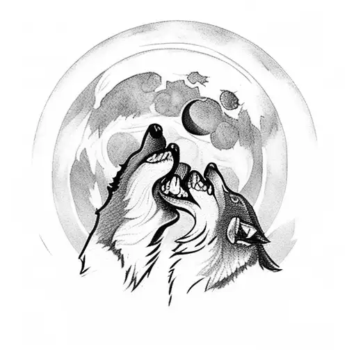 male and female wolf howling together face to face with the moon in the back tattoo design idea