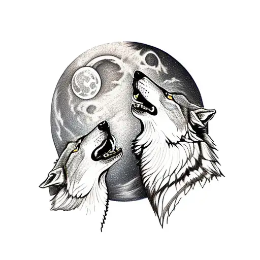 male and female wolf howling together face to face with the moon in the back tattoo design idea