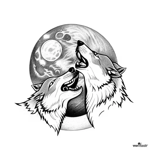 male and female wolf howling together face to face with the moon in the back tattoo design idea