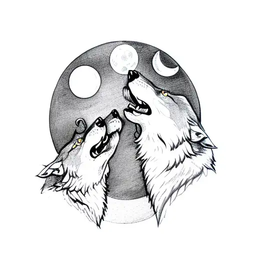 male and female wolf howling together face to face with the moon in the back tattoo design idea
