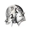 male and female wolf howling together face to face with the moon in the back tattoo design idea