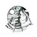 male and female wolf howling together face to face with the moon in the back tattoo design idea