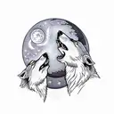 male and female wolf howling together face to face with the moon in the back tattoo design idea