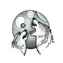 male and female wolf howling together face to face with the moon in the back tattoo design idea