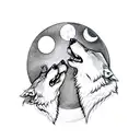 male and female wolf howling together face to face with the moon in the back tattoo design idea