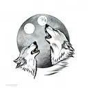 male and female wolf howling together face to face with the moon in the back tattoo design idea