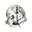 male and female wolf howling together face to face with the moon in the back tattoo design idea