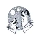 male and female wolf howling together face to face with the moon in the back tattoo design idea