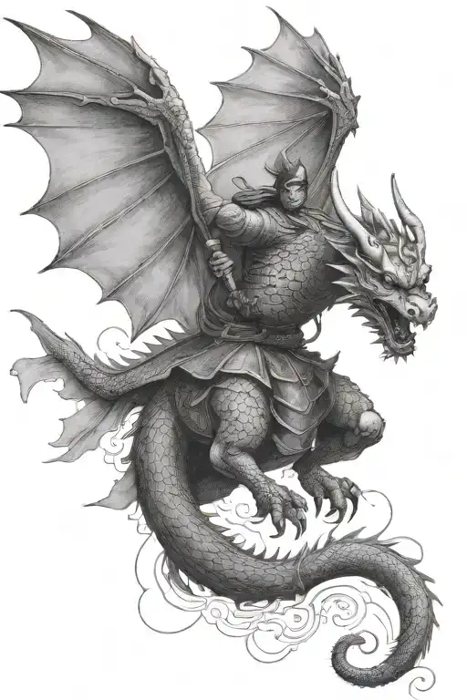A samurai is flying on a dragon tattoo design idea