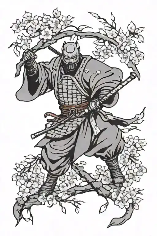 Japanese ronin surrounded by cherry blossoms falling tattoo design idea