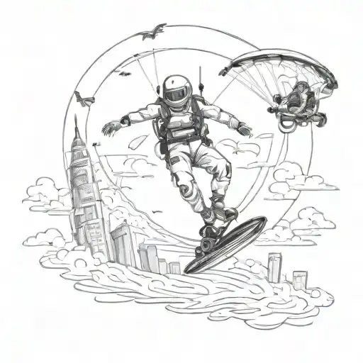 An adrenaline junkie skydiving over Dubais skyline with a jet ski below tattoo design idea