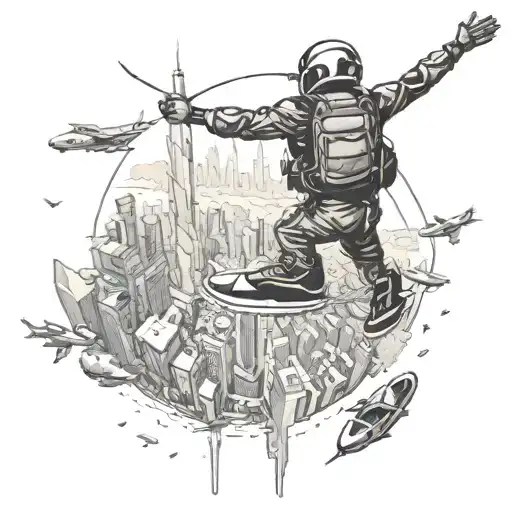 An adrenaline junkie skydiving over Dubais skyline with a jet ski below tattoo design idea