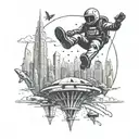 An adrenaline junkie skydiving over Dubais skyline with a jet ski below tattoo design idea