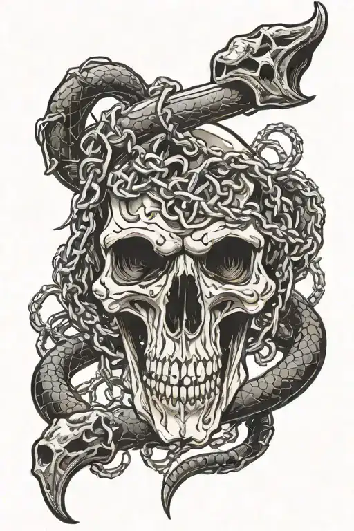 bull skull surrounded by chained snake, broken sword at the back tattoo design idea
