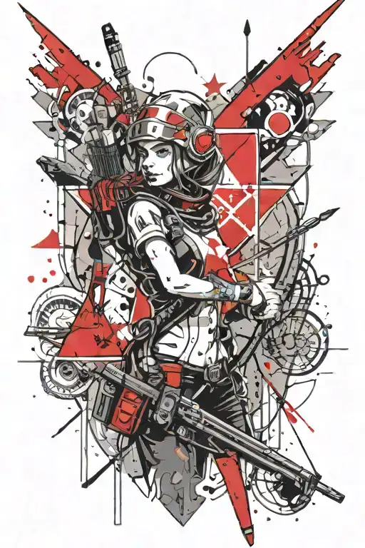 a girl archer with a bow, wearing a helmet with sharp spikes and a red star of David in the background tattoo design idea