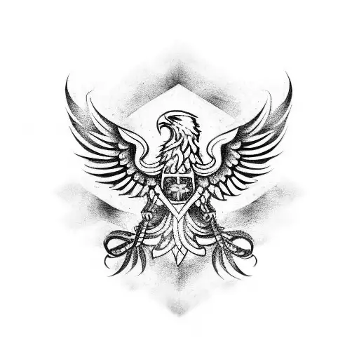 A tattoo design featuring traditional Polish pagan symbols intertwined with patriotic imagery, such as a stylized Polish flag or eagle, in a blackwork style tattoo design idea