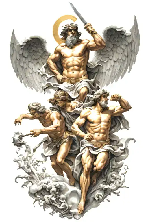 greek gods with archangel gabriel fighting tattoo design idea